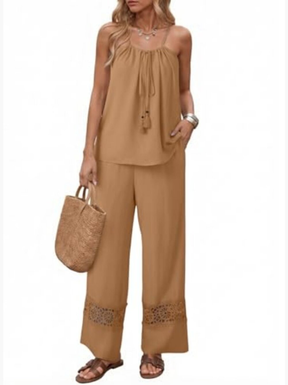 Dokotoo 2 Piece Set Spaghetti Strap Tie Knot Top Lace Wide Leg Pants